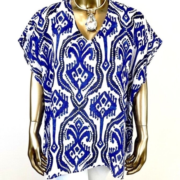 Chico's Ikat Poncho Linen White/Blue - Picture 3 of 8